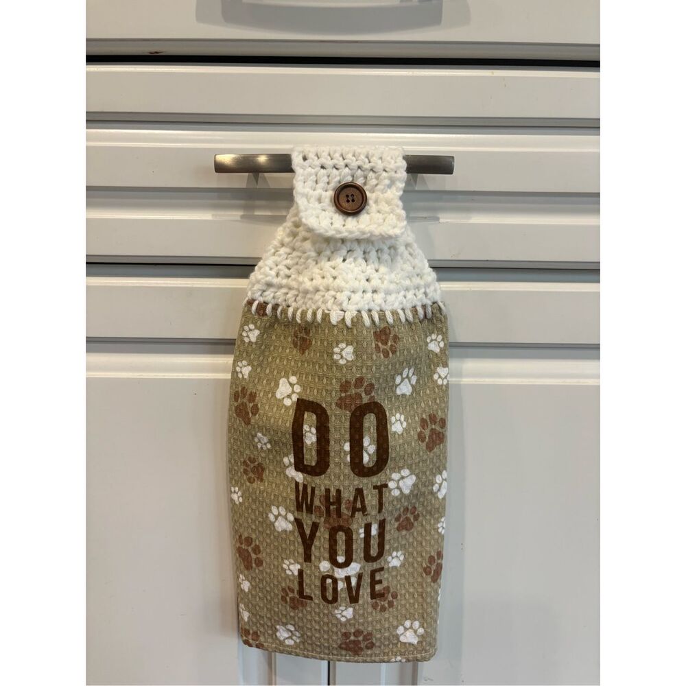 Crochet Top Kitchen Towel- Do what you love (paw prints)